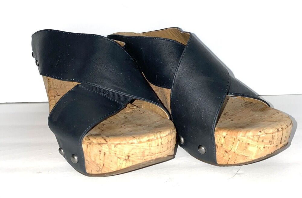 The Lucky Brand Sz 8.5 Dark Blue Strappy Nailhead Cork Wedge Sandal